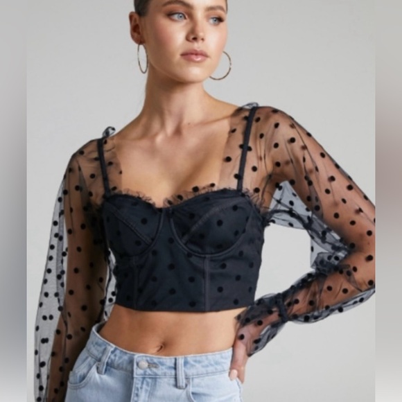 Runaway the Label Tops - RNWY Sheer Polka Dot Crop Bustier Corset back zip Top | Chloe in Black Spot